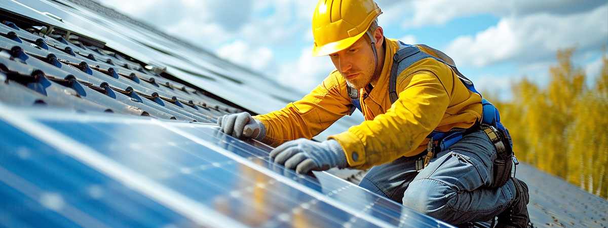 Man on roof fixing solar panels