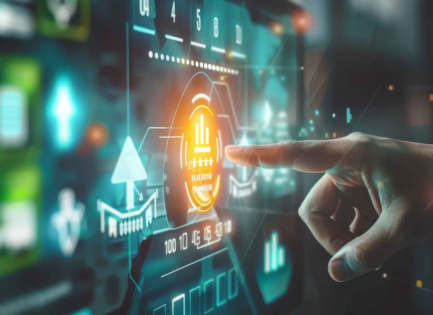 Futuristic looking screen with hand pointing to it